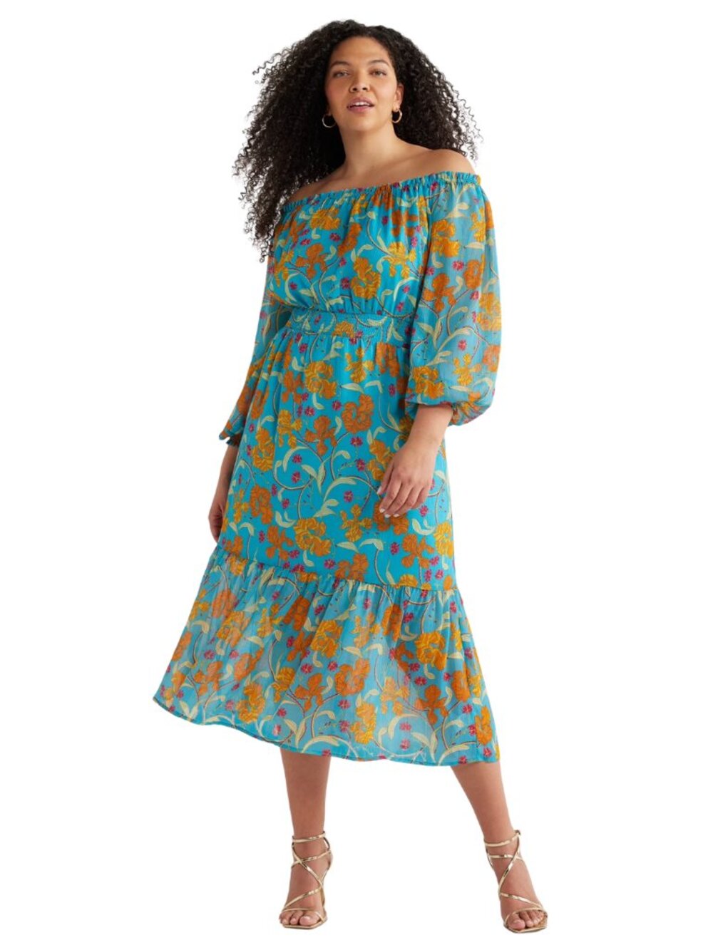 NWT Sofia Vergara 2-Way Off Shoulder Midi Dress Caneel Bay L Smocked